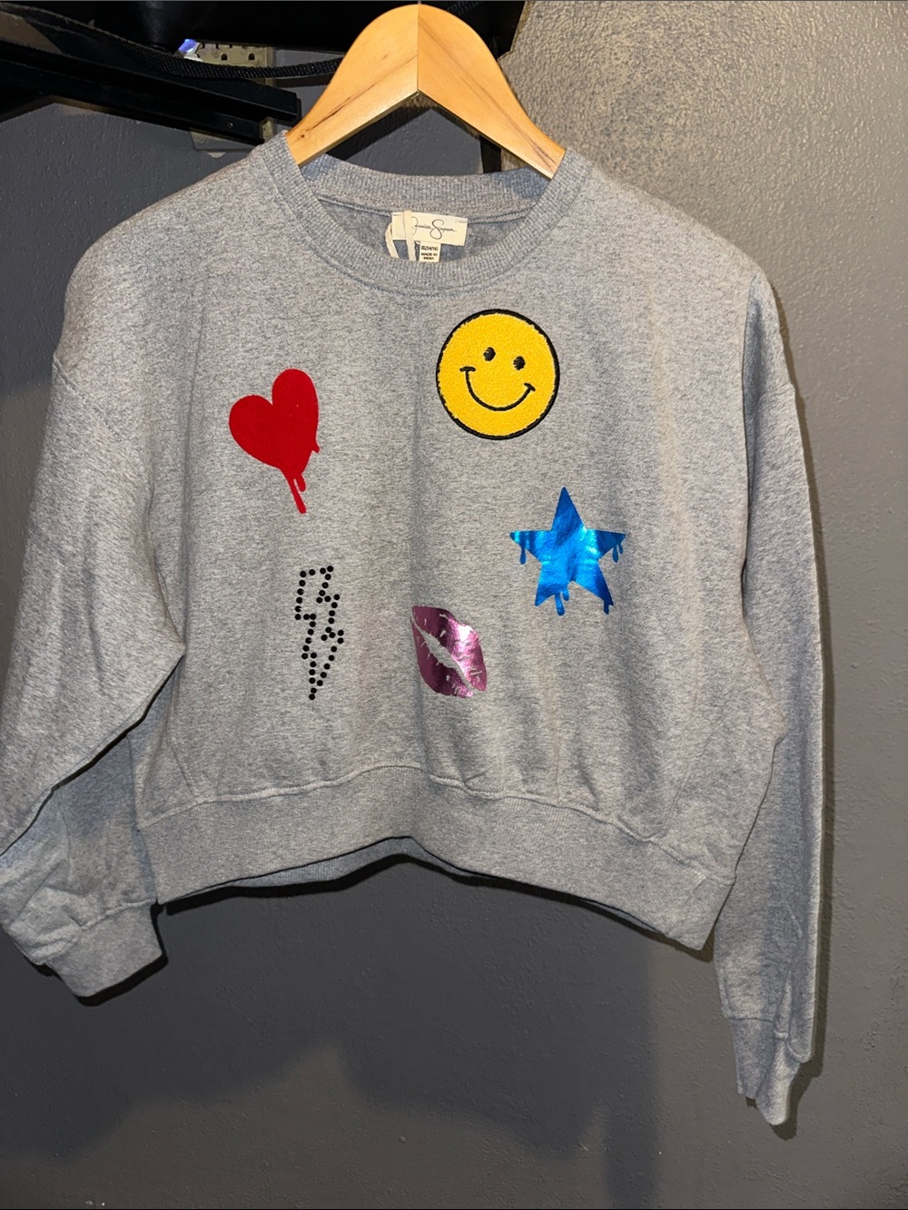 Jessica Simpson Grey Kids Sweatshirt with Yellow Smiley, Red Heart & Blue Star